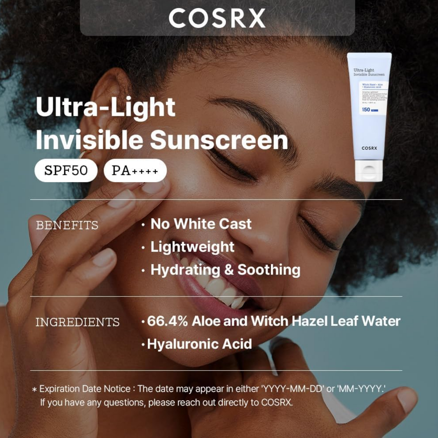COSRX Ultra Light Invisible Sun Cream SPF 50 Transparent Sun Protection with Hyaluronic Acid, No White Veil, Non-Greasy, Strong UV Protection, Sun Care, Korean Sunscreen, 50 ml