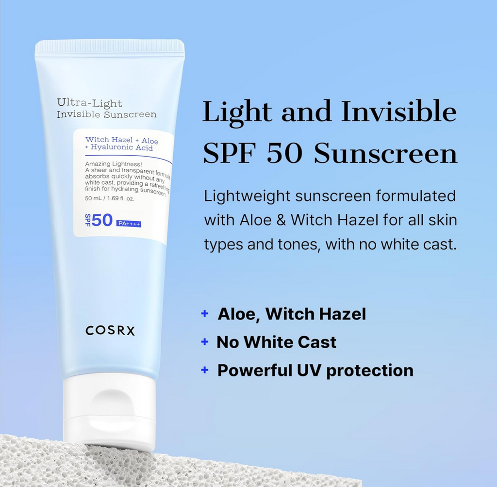 COSRX Ultra Light Invisible Sun Cream SPF 50 Transparent Sun Protection with Hyaluronic Acid, No White Veil, Non-Greasy, Strong UV Protection, Sun Care, Korean Sunscreen, 50 ml
