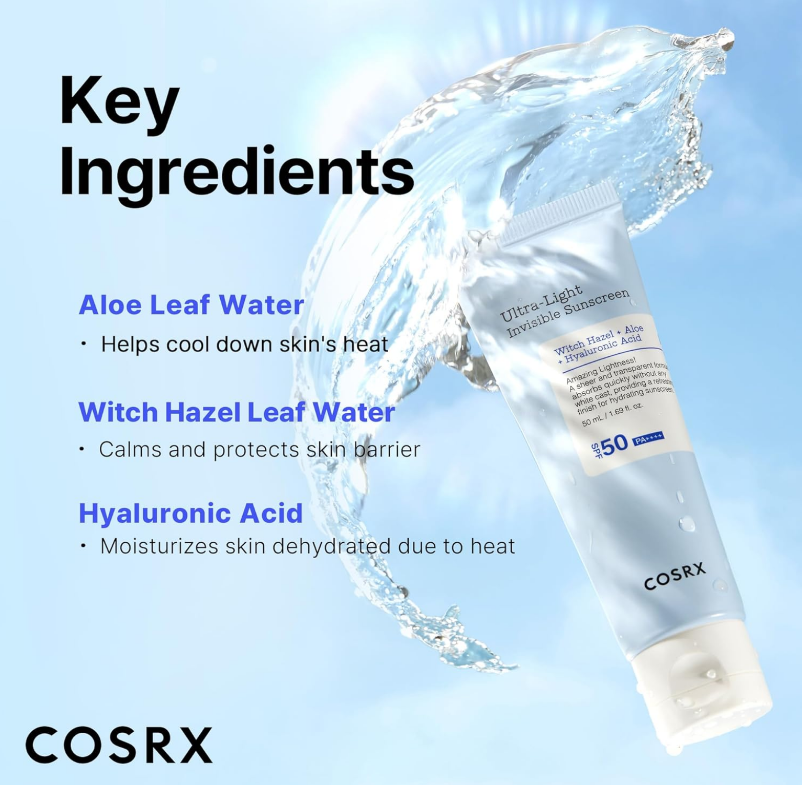 COSRX Ultra Light Invisible Sun Cream SPF 50 Transparent Sun Protection with Hyaluronic Acid, No White Veil, Non-Greasy, Strong UV Protection, Sun Care, Korean Sunscreen, 50 ml