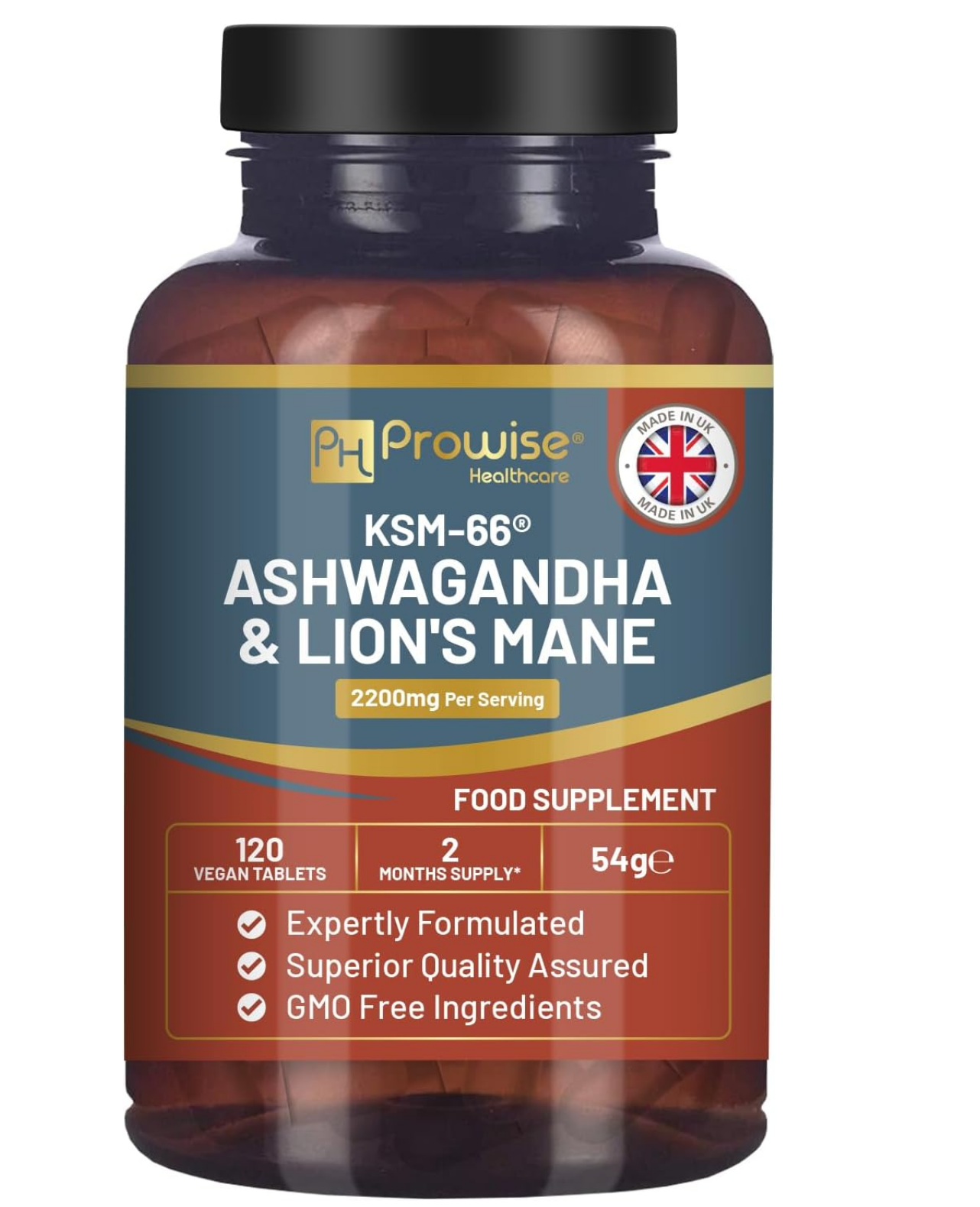 KSM-66 Ashwagandha and Lions Mane Tablets - High Strength 2200mg | KSM-66 Ashwagandha Root Extract and Lions Mane Mushroom Extract - 120 Vegan Tablets with Black Pepper