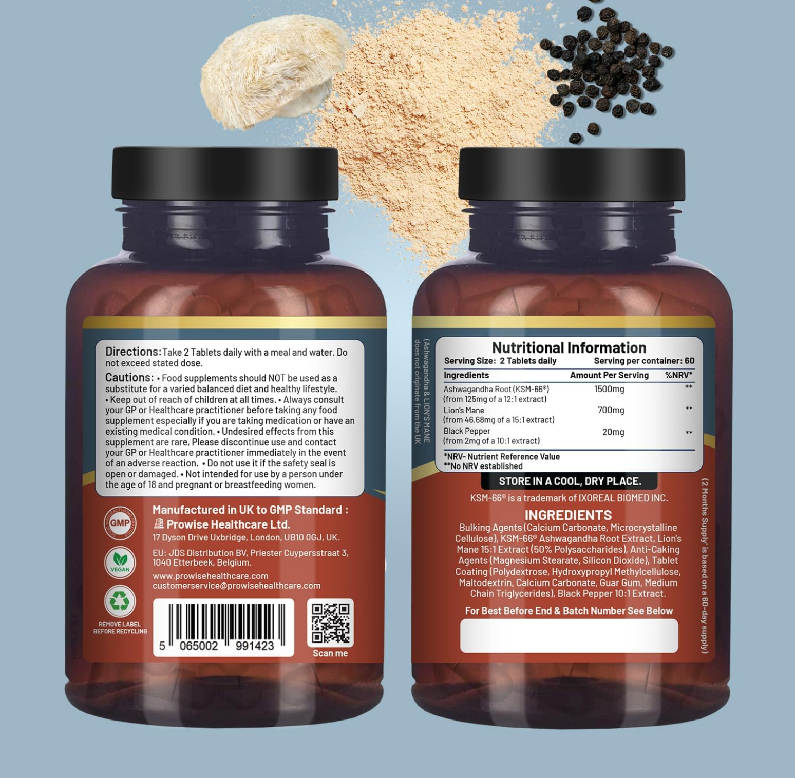 KSM-66 Ashwagandha and Lions Mane Tablets - High Strength 2200mg | KSM-66 Ashwagandha Root Extract and Lions Mane Mushroom Extract - 120 Vegan Tablets with Black Pepper