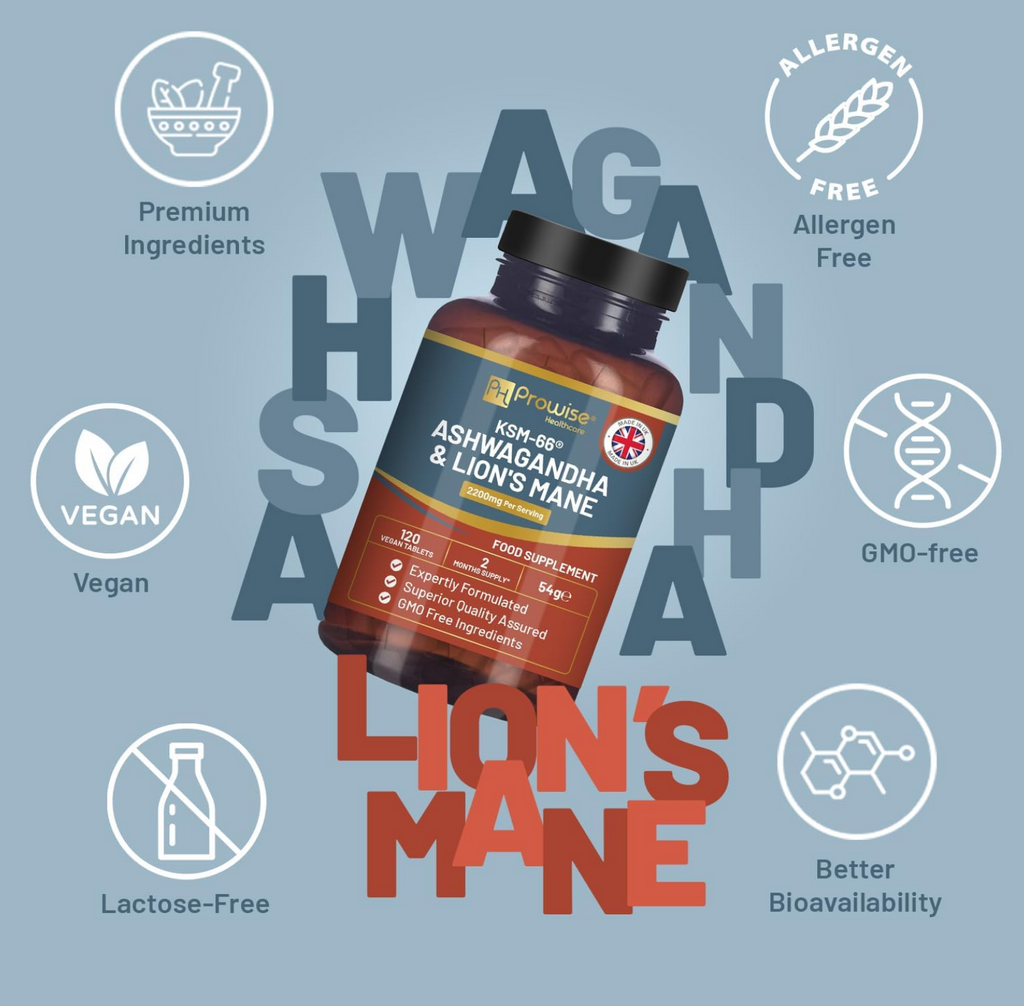 KSM-66 Ashwagandha and Lions Mane Tablets - High Strength 2200mg | KSM-66 Ashwagandha Root Extract and Lions Mane Mushroom Extract - 120 Vegan Tablets with Black Pepper