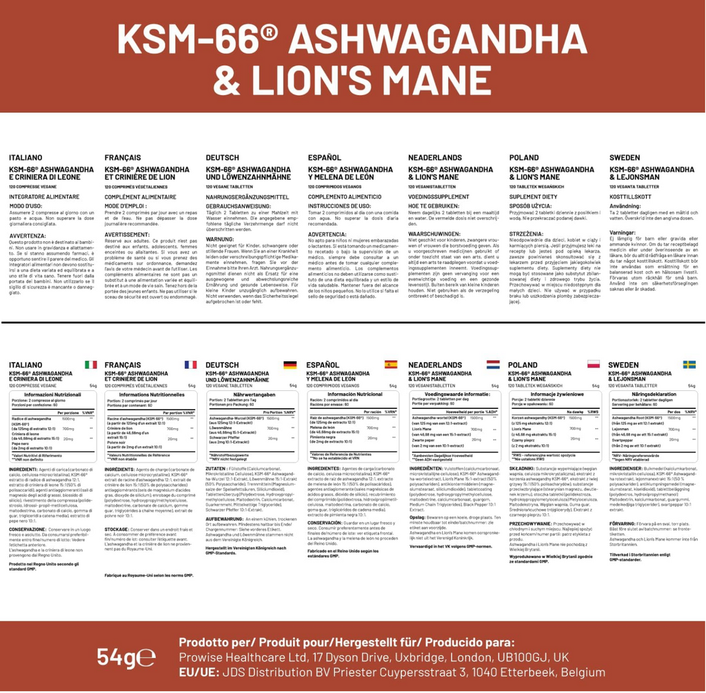 KSM-66 Ashwagandha and Lions Mane Tablets - High Strength 2200mg | KSM-66 Ashwagandha Root Extract and Lions Mane Mushroom Extract - 120 Vegan Tablets with Black Pepper