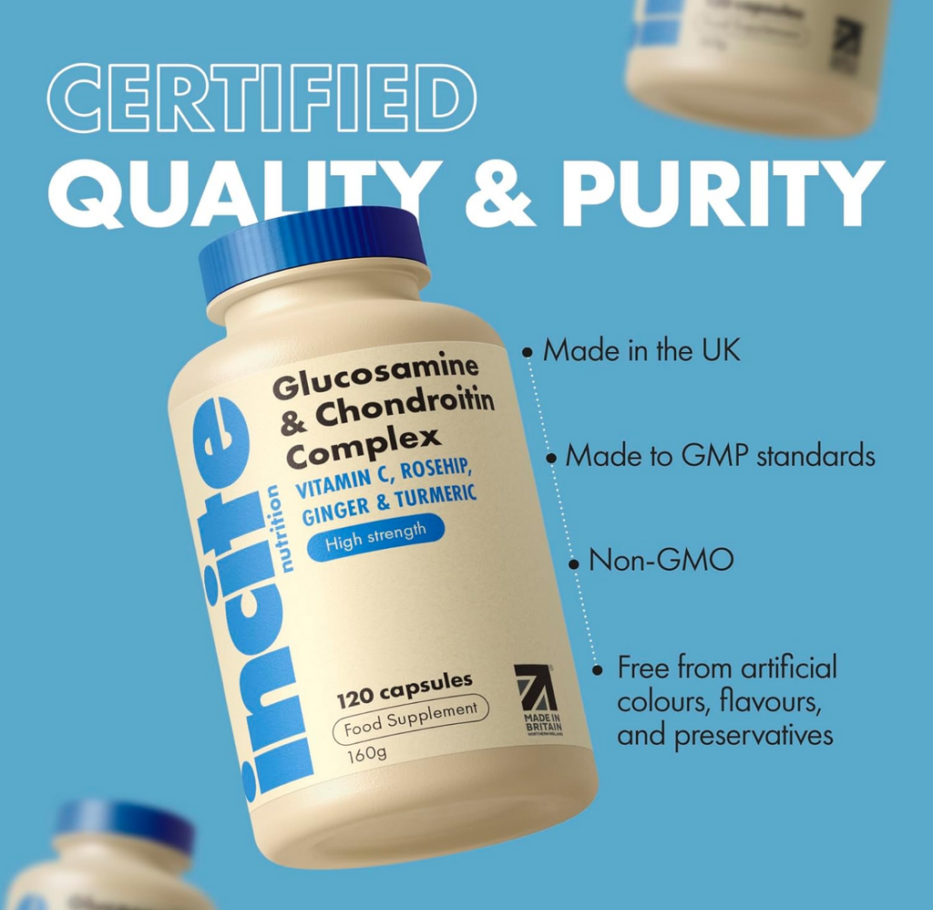 Glucosamine and Chondroitin High Strength Complex with MSM, Vitamin C, Ginger, Rosehip & Turmeric - 120 Premium Capsules Joint Care Supplements Made in The UK by Incite Nutrition