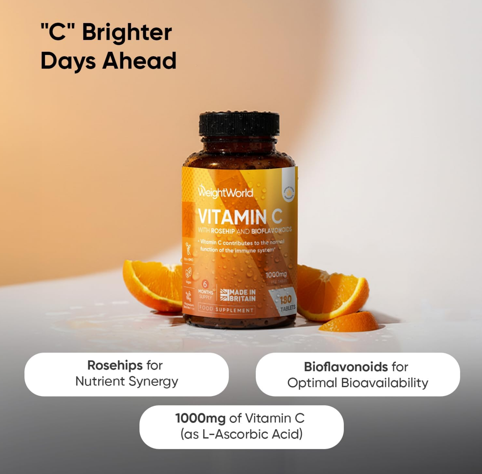 Vitamin C 1000mg, 180 Vegan Tablets with Bioflavonoids and Rosehip, 6 Month Supply - Contributes to the Normal Function of the Immune System (EFSA), Gluten and GMO Free