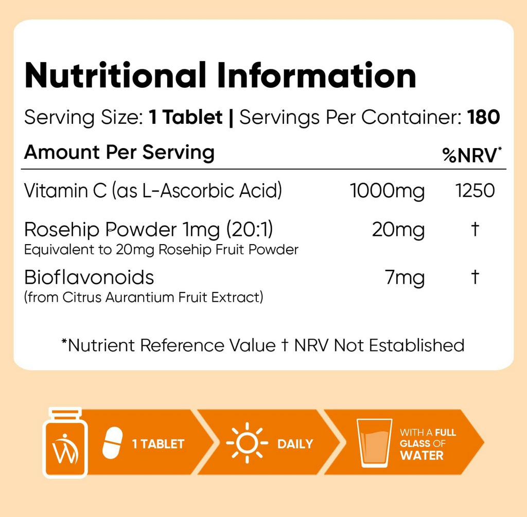 Vitamin C 1000mg, 180 Vegan Tablets with Bioflavonoids and Rosehip, 6 Month Supply - Contributes to the Normal Function of the Immune System (EFSA), Gluten and GMO Free